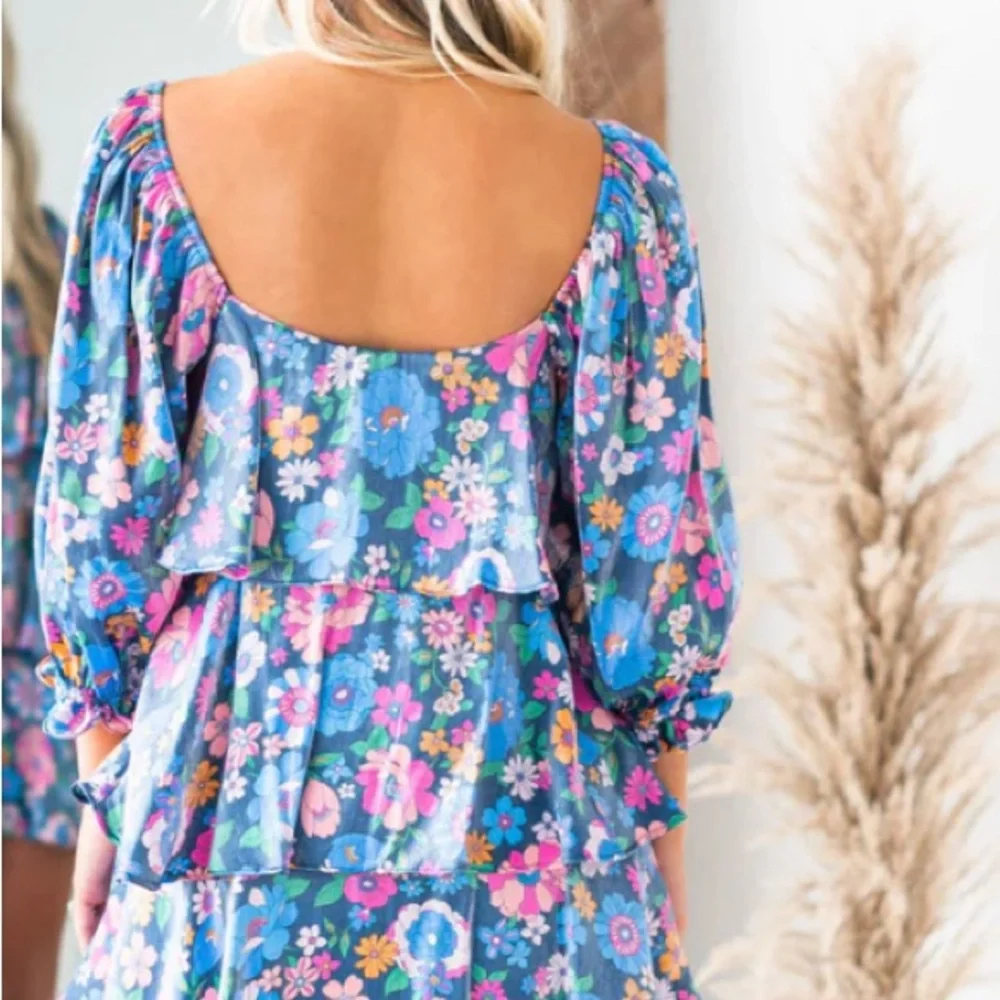 Floral Blue Dress with Pink and Green Accents - Picture 2 of 8